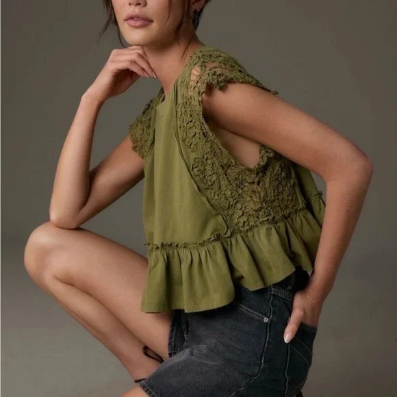Anthropologie Lace Sleeve Ruffle Hem Crop Top Moss Green Medium - Picture 1 of 9
